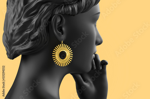 Close-up 3d render illustration of black toned girl mannequin with golden geometric shaped earrings on yellow background.