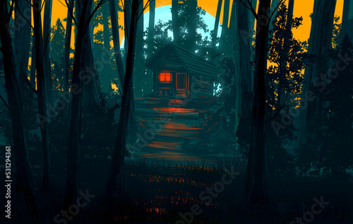 Tablou canvas Horror and scary artwork illustration of ghostly shack or cabin in deep woods with full moon and glowing background