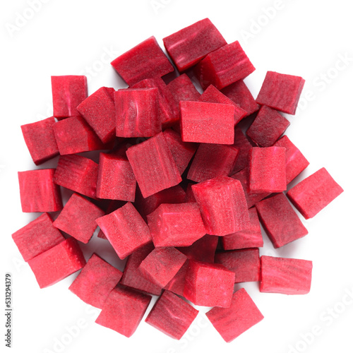 top view of pile vegetables roots of beetroot diced for salad isolated on white background, concept raw food