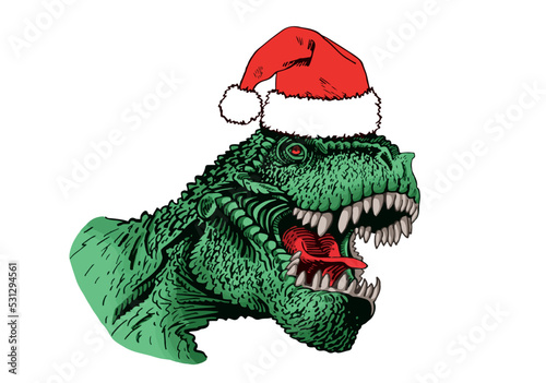 Vector portrait of green tyrannosaurus in Santa Claus hat isolated on white background,vector Christmas element