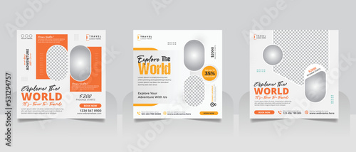 Travel tour promotion holiday vacation social media post or explore world travelling business social media square web banner template