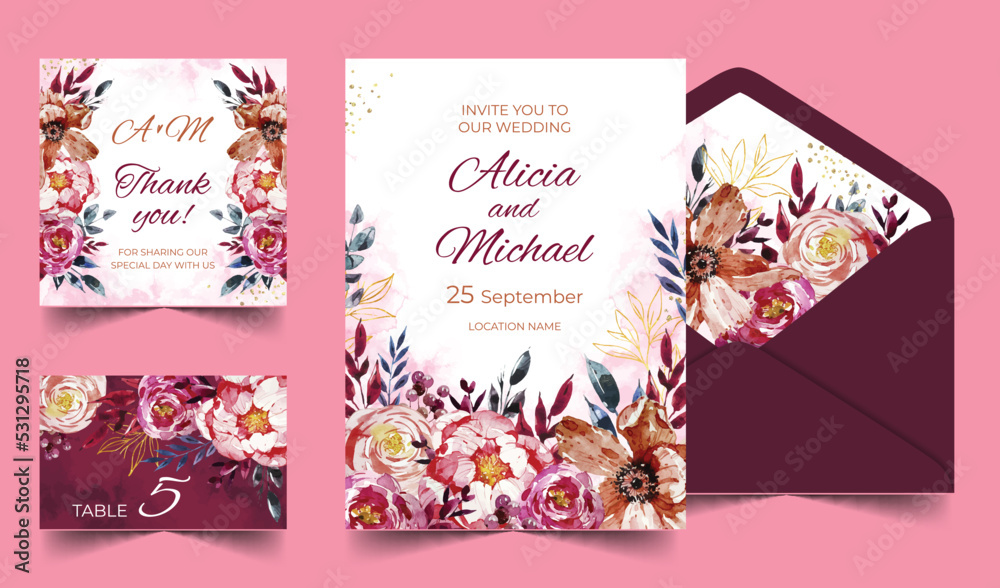 collection floral wedding stationery vector design illustration