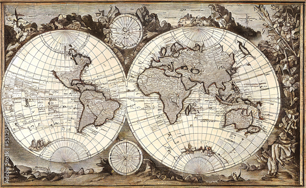 Historical and antique world map with rich historical decor, for vintage decoration and antique lovers