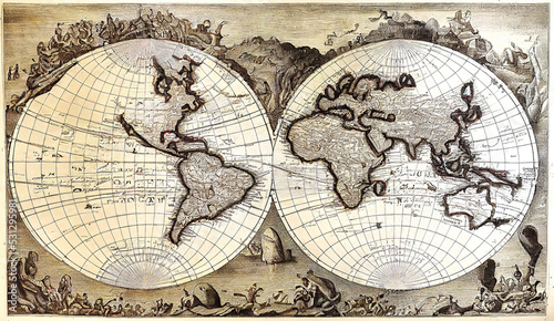 Geographic world map for lovers of old decorative and useful papers for science