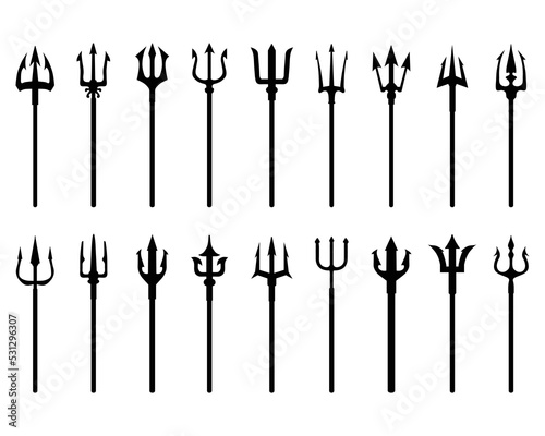 Set of trident, black silhouettes on a white background	