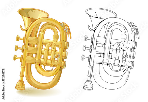 Colorful and black and white pattern for coloring. Fantasy illustration of metal wind musical instrument pocket trumpet. Worksheet for coloring book for children and adults. Vector image.