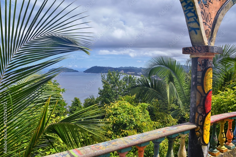 Jaco beach, ocean, city and views, Costa Rica from El Miro Ruins, mansion declared biological corridor, Summer 2022, Central America.
