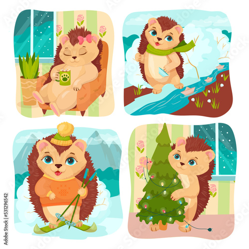 A set of Fluffy Hedgehogs doing different things. They rest  go for a walk  prepare for the holidays. Merry Porcupine. Vector illustration on a white background.