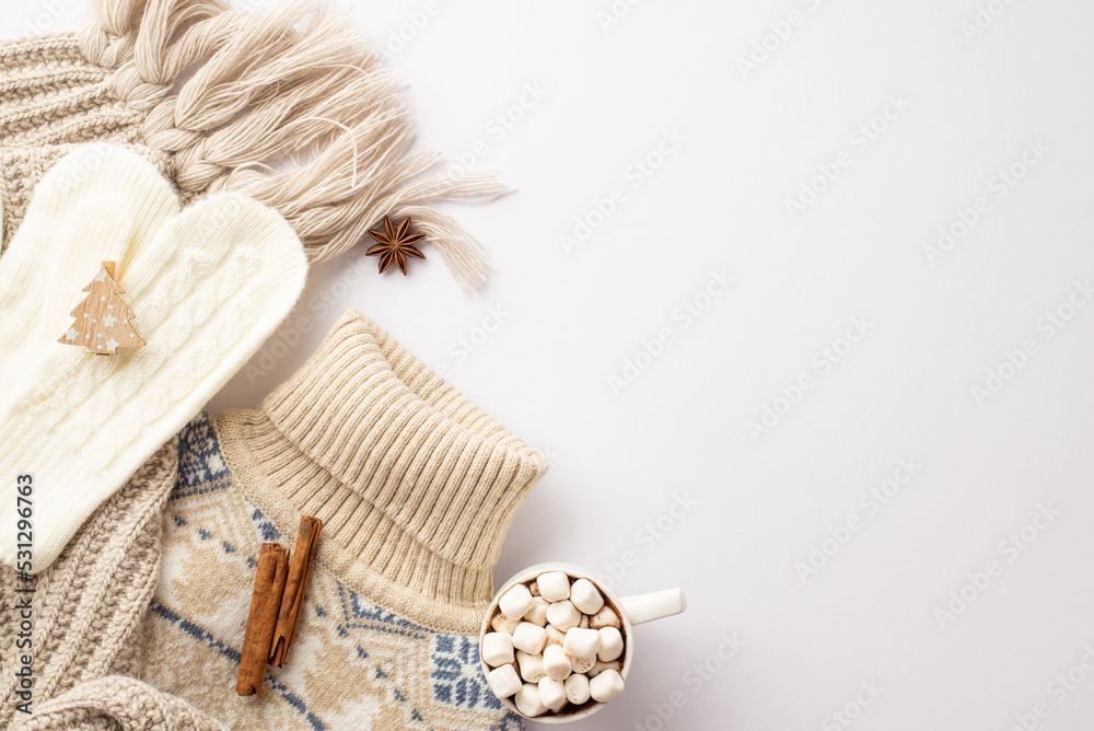 Winter concept. Top view photo of knitted pullover scarf mittens decorative wooden fir shaped clip mug of cocoa with marshmallow anise and cinnamon sticks on isolated white background with copyspace
