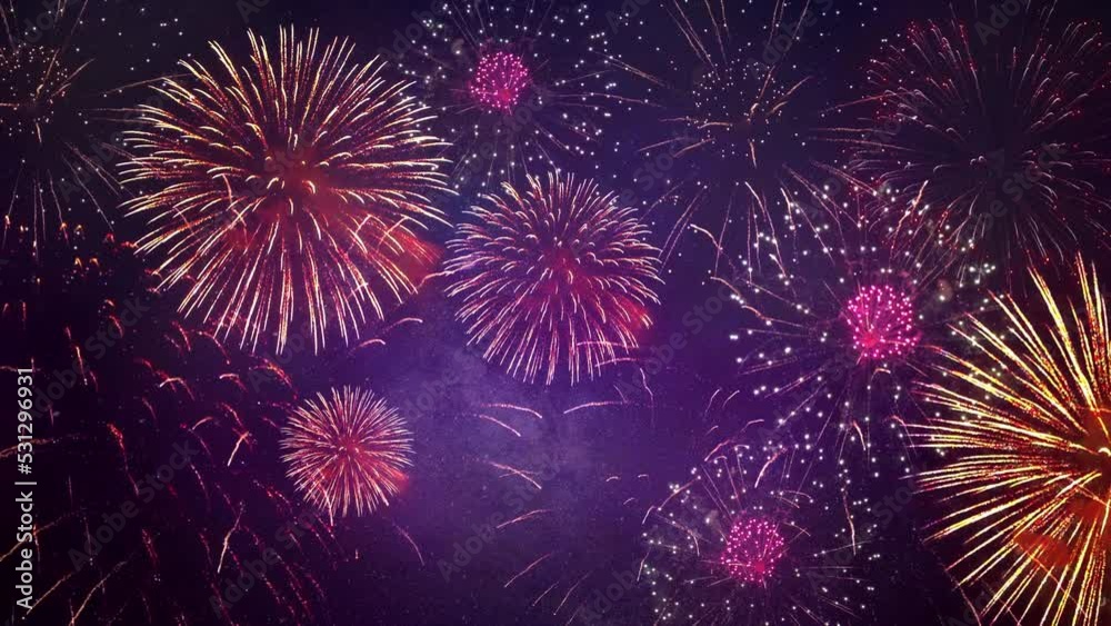 4K. long time seamless loop glowing fireworks lights sky. golden background firework. Sky on Fireworks festival show independence day on 4 of July. fireworks celebration. Holiday, new year, Christmas.