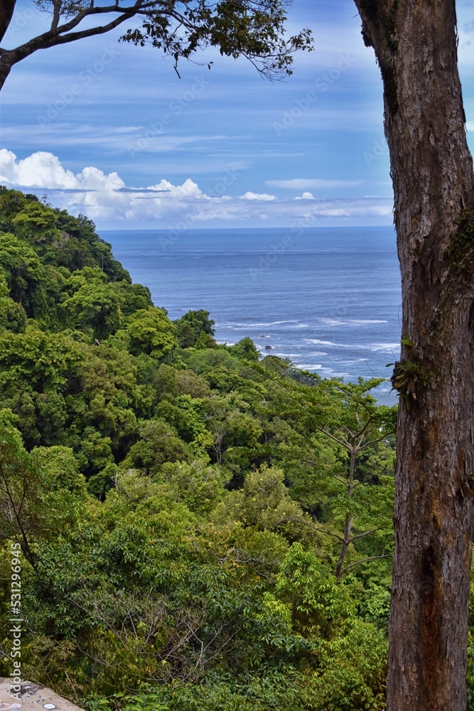 Jaco beach, ocean, city and views, Costa Rica from El Miro Ruins, mansion declared biological corridor, Summer 2022, Central America.