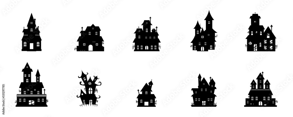 Conjunto de icono de casas de terror. Halloween. Castillos y alberga de terror. Concepto de miedo. Ilustración vectorial