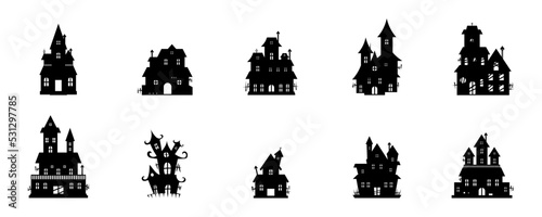 Conjunto de icono de casas de terror. Halloween. Castillos y alberga de terror. Concepto de miedo. Ilustración vectorial