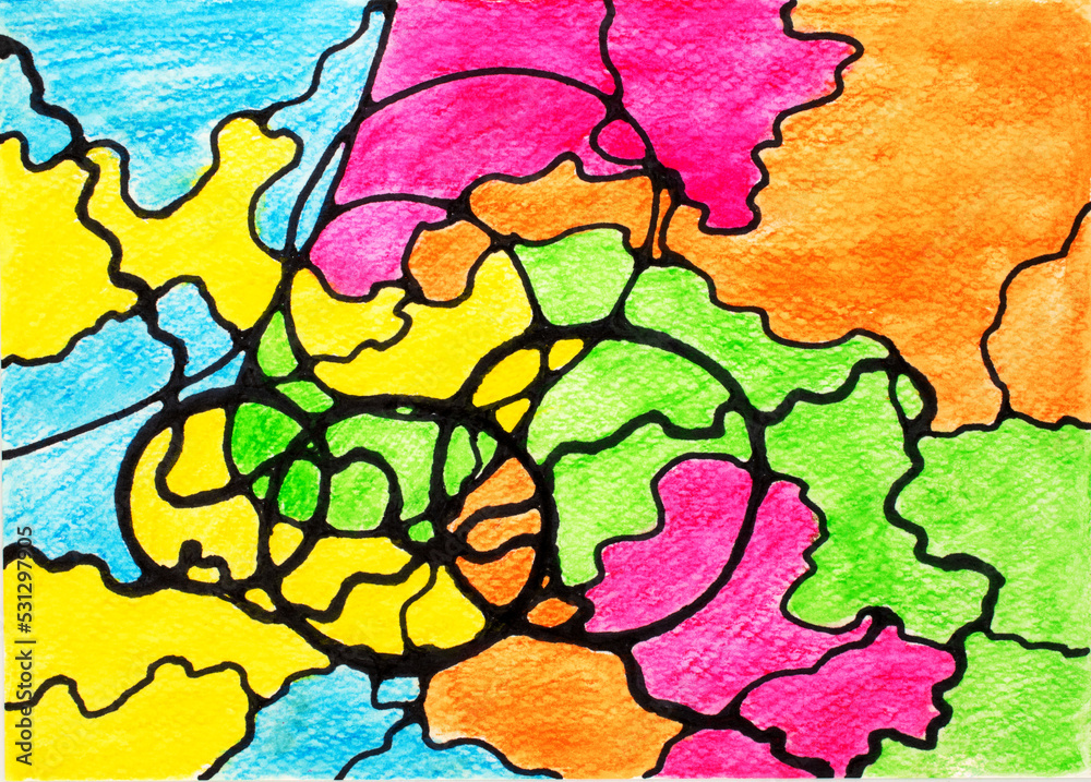 One drawing is an abstraction drawn with colored pencils, macro, top view. One drawing is an abstraction drawn with colored pencils, macro, top view.