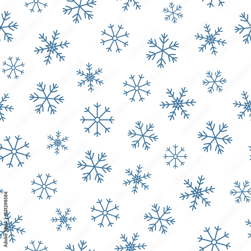 Snowflakes seamless pattern. Blue doodle snowflakes on white background. Background for winter design. Snowflakes seamless pattern. Blue doodle snowflakes on white background. Background for winter design.