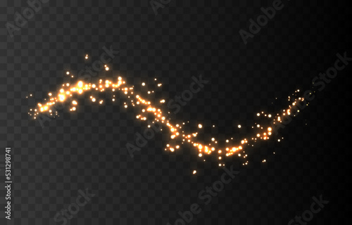 Vector magic dust trail png. Gold dust, golden light on an isolated transparent background. Christmas dust. Light trail, light effect png.