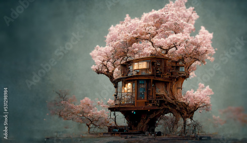 Fotografering wonderful abstrat enviroment cherry blossom temple tree house 3d with sky background