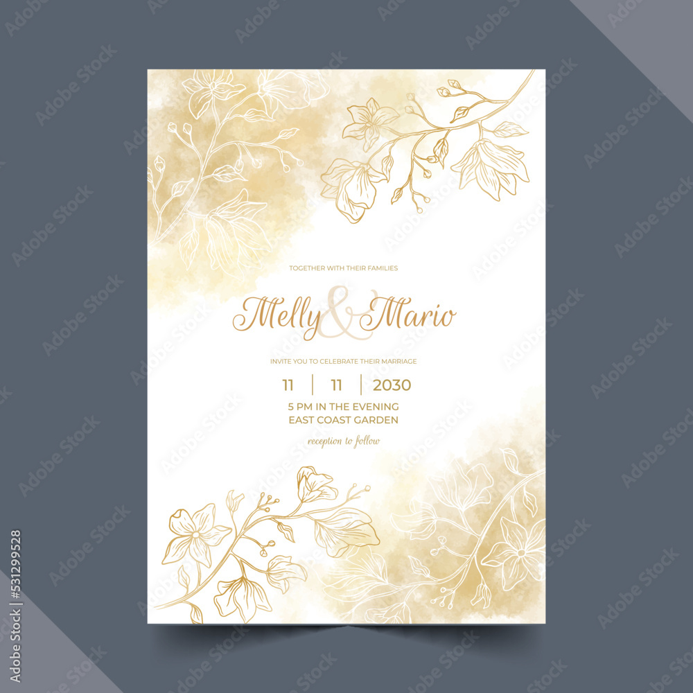 engraving hand drawn golden wedding invitation template vector design illustration
