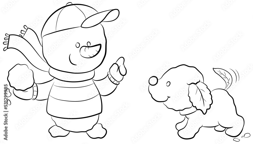 Obraz premium Niedlicher kleiner Schneemann mit Schneehund - Vektor-Illustration