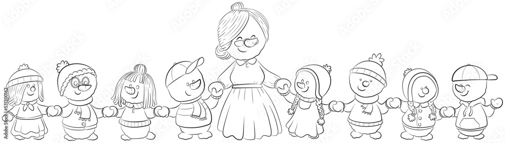 Schneemann-Schulklasse mit Lehrerin - Vektor-Illustration Schneemann-Schulklasse mit Lehrerin - Vektor-Illustration