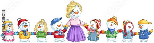 Schneemann-Schulklasse mit Lehrerin - Vektor-Illustration