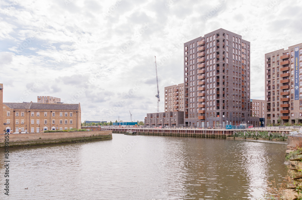 London, England, UK - September 04, 2022: New Homes along the along the River Roding riverside in Barking, East London