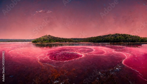 An Illustration of Lake Hillier in Australia, High Salinity Water, Microalgae ‘Dunaliella Salina’. photo