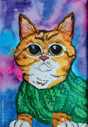 Watercolor cat in a sweater 