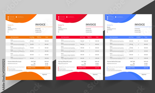 Business invoice form template, Invoicing quotes, money bills or price invoices and payment agreement design templates, Tax form, bill graphic or payment receipt page vector set