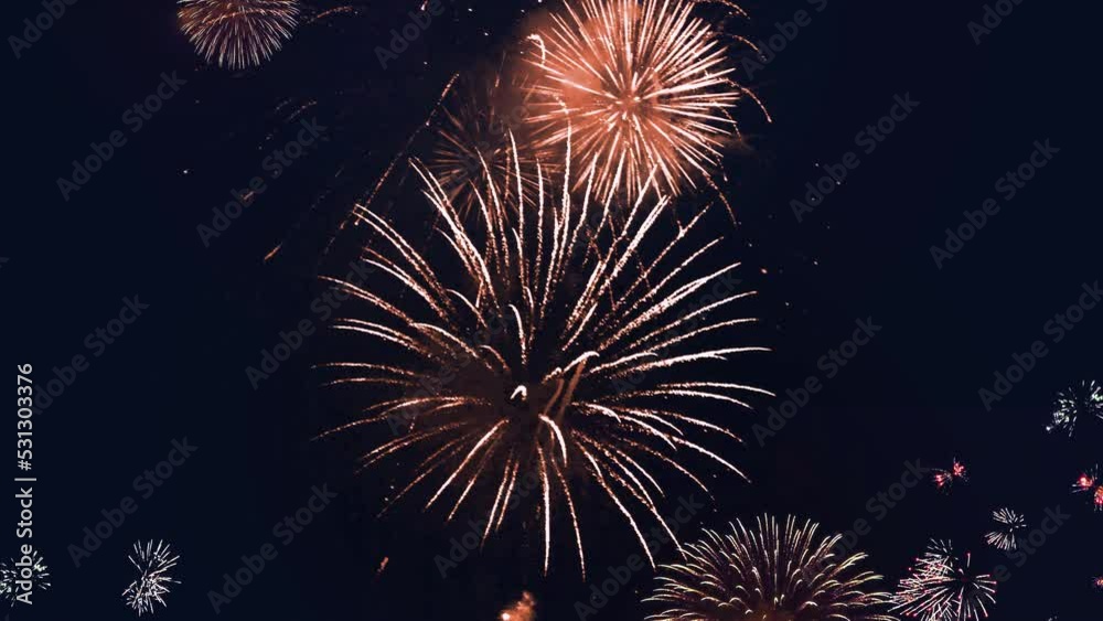 Real Fireworks Explosion on Smoke Foggy firework in night sky Loop 4K Background. Birthday, Anniversary, Celebration, Holiday, new year, Party, Invitation, Christmas, festival, Diwali, Wedding event
