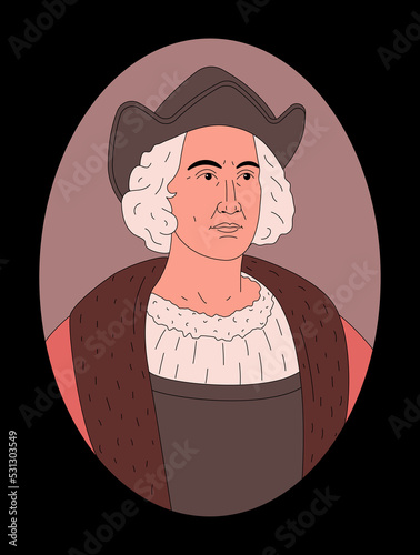 Christopher Columbus portrait in line art illustration. Italian explorer, colonizer and navigator. He is remembered as the principal European discoverer of the America continent. Black background. photo