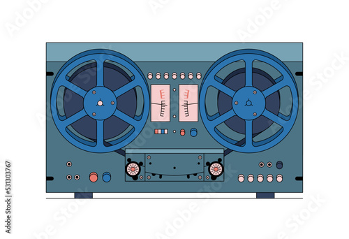 Vintage reel to reel tape recorder. Vector outline illustration in retro style. White background.
