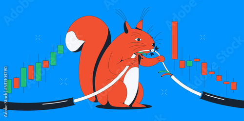 Vector outline illustration of squirrel chewing on electrical wires. Blue background.