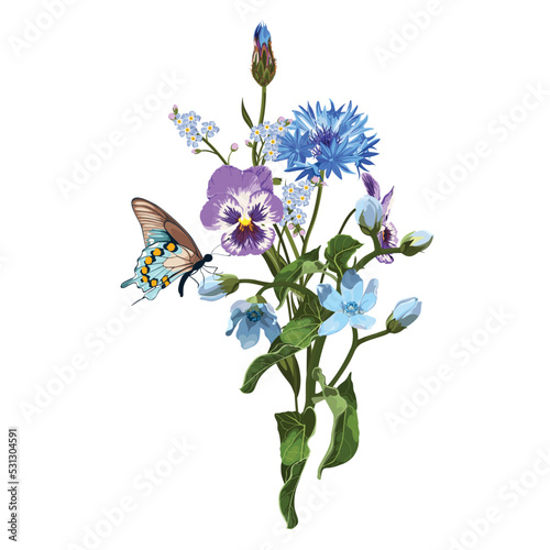 Fototapeta Naklejka Na Ścianę i Meble -  Hand drawn illustration of a beautiful oxypetalum and garden, wild spring blue flowers bouquet. Element for wedding invitation, Valentine or others.