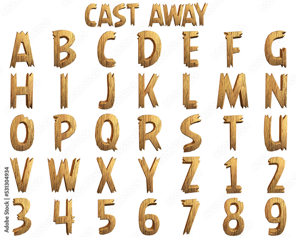 Cast Away wooden cartoon alphabet - 3D Illustration on transparent background
