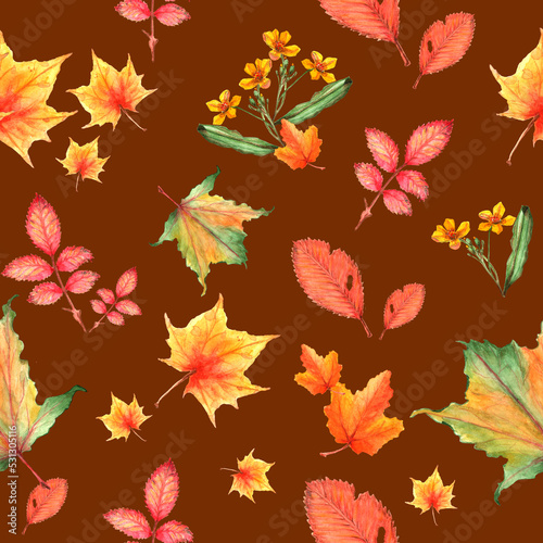 Seamless pattern with colorful autumn leaves. All elements are painted with watercolors.