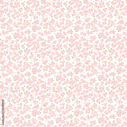 Spring flowers print. Vector seamless floral pattern. Floral design for fashion prints. Endless print made of small pink flowers. Elegant template. White background. Stock vector.