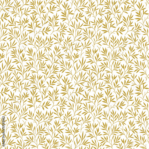 Beautiful floral pattern in small leaves. Small gold flowers. White background. Ditsy print. Floral seamless background. The elegant the template for fashion prints. Stock pattern.