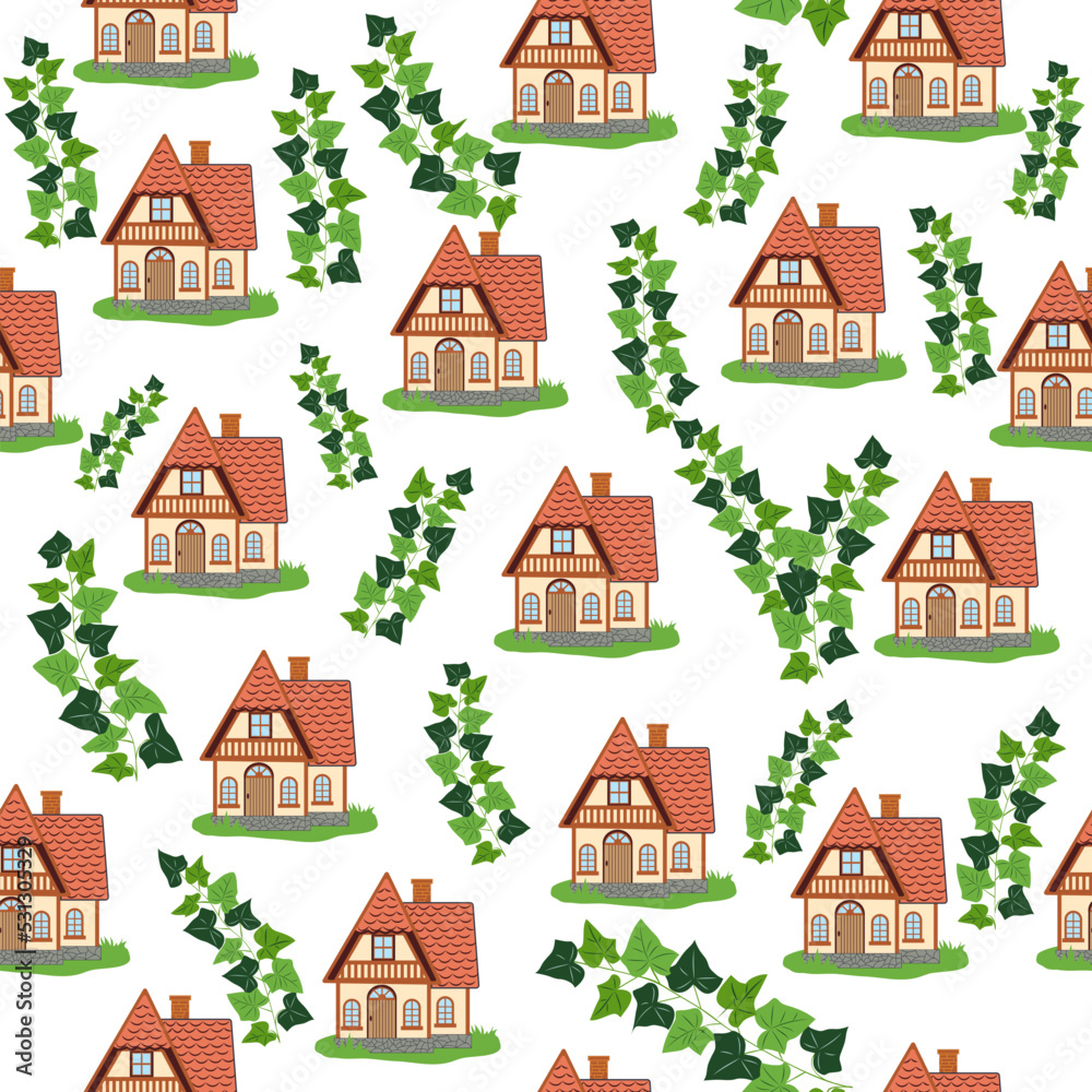 Seamless pattern with houses and ivy branches, plants, English old house, Scandinavian traditions