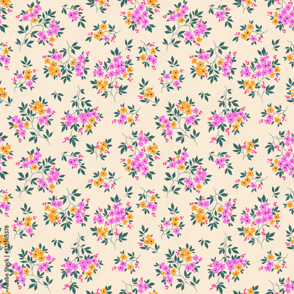 Cute floral pattern in the small flowers. Seamless vector texture. Ditsy template for fashion prints. Illustration with small pink and yellow flowers. White background.