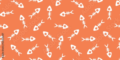 Vector illustration. Seamless pattern with fish skeletons isolated on orange. Hand drawn simple doodle clipart. Halloween theme. For banner, cards, gift wrapping, autumn projects, fabric, textile.