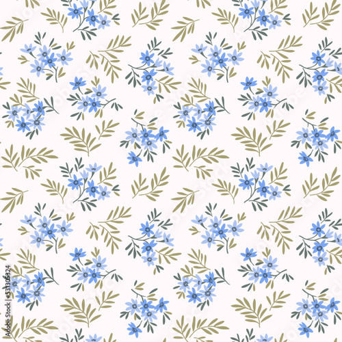 Spring flowers print. Vector seamless floral pattern. Floral design for fashion prints. Endless print made of small blue pastel flowers. Elegant template. White background. Stock vector.