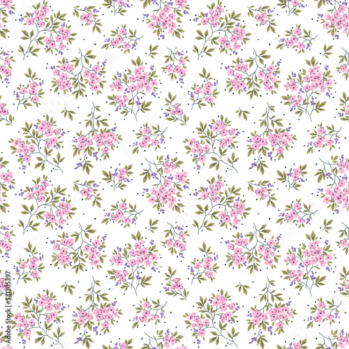 Spring flowers print. Vector seamless floral pattern. Floral design for fashion prints. Endless print made of small pastel lilac flowers. Ditsy template. White background. Stock vector.