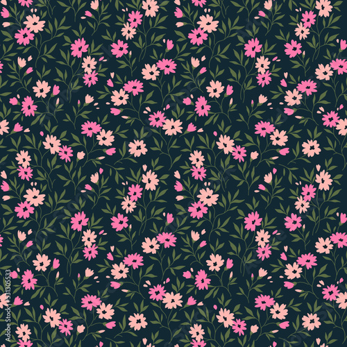 Vintage floral background. Floral pattern with small purple lilac flowers on a dark blue background. Seamless pattern for design and fashion prints. Ditsy style. Stock vector illustration.