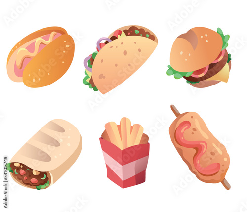 fast food hot dog taco burger shawarma french fries kebab icons in a simple style