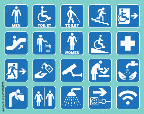 Vector set of building navigation icons in blue color. For easy orientation.
