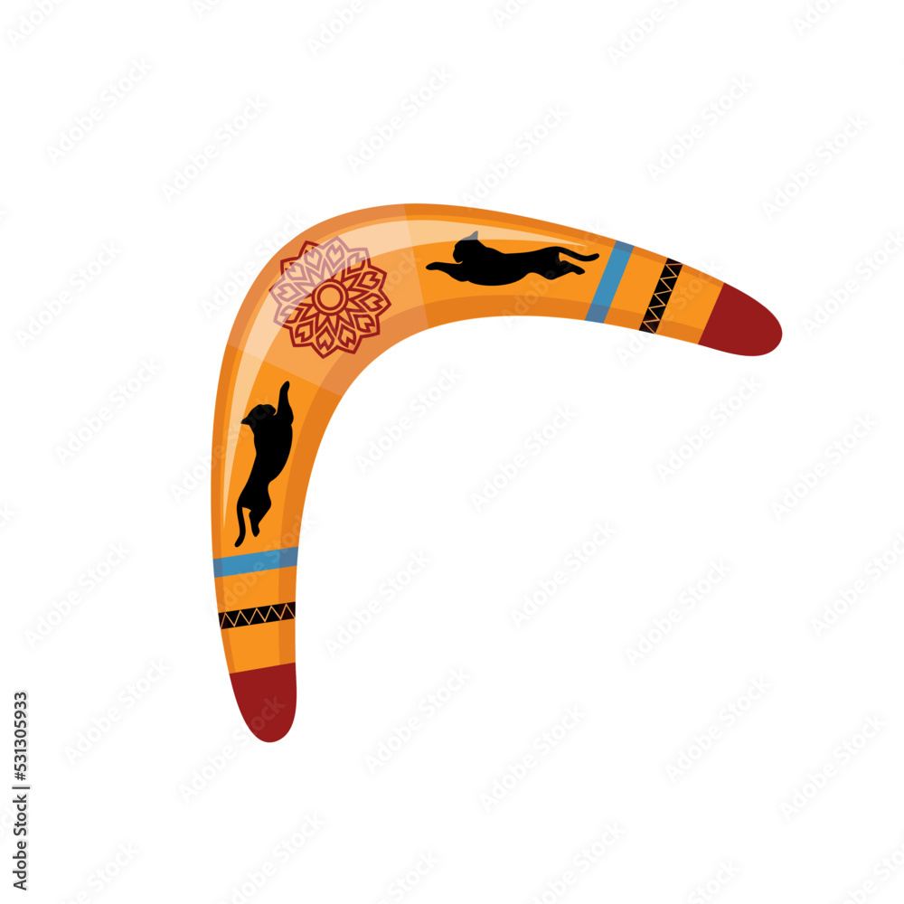 Vector illustration Australian wooden boomerang on a white background. Vector illustration of colored boomerang. Stock vector