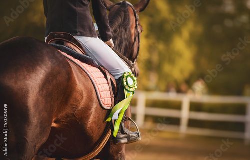 Obraz na plátně On a bay horse in the saddle sits a rider with a green rosette of the winner in equestrian competitions on a summer day