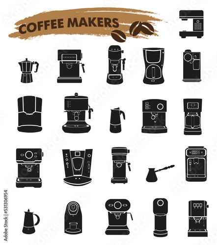 Coffee maker icons set. Outline set of coffee maker vector icons for web design isolated on white background