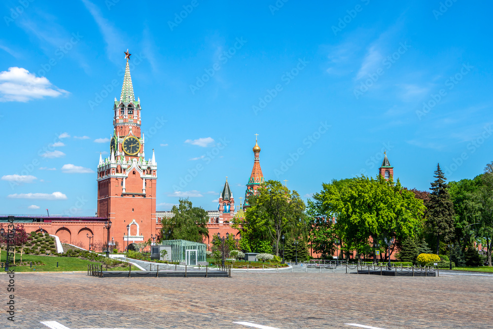 Spasskaya tower of the Moscow Kremlin and St. Basil's Cathedral, Moscow, Russia